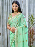 Turquoise Cotton Saree With Blouse Piece