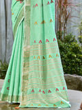 Turquoise Cotton Saree With Blouse Piece