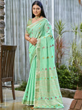 Turquoise Cotton Saree With Blouse Piece