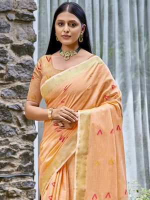 Peach Cotton Saree With Blouse Piece