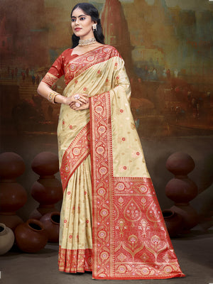 Beige Silk Saree With Blouse Piece