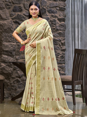 Cream Linen Saree With Blouse Piece