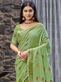 Green Linen Saree With Blouse Piece