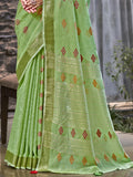 Green Linen Saree With Blouse Piece