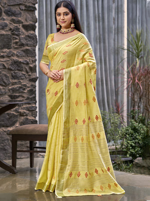 Yellow Linen Saree With Blouse Piece