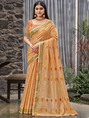 Orange Linen Saree With Blouse Piece