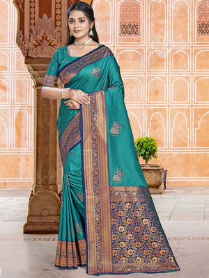 Teal Silk Saree With Blouse Piece