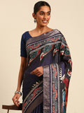 Blue Cotton Digital Print Saree With Blouse Piece