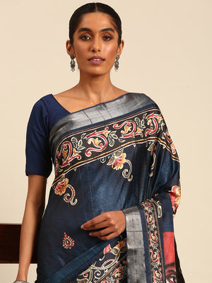 Blue Cotton Digital Print Saree With Blouse Piece