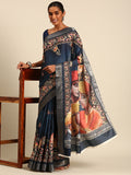 Blue Cotton Digital Print Saree With Blouse Piece