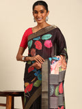 Black Cotton Digital Print Saree With Blouse Piece