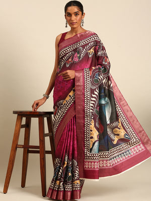 Maroon Cotton Digital Print Saree With Blouse Piece