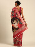 Red Cotton Digital Print Saree With Blouse Piece