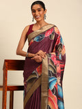 Burgundy Cotton Digital Print Saree With Blouse Piece