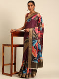 Burgundy Cotton Digital Print Saree With Blouse Piece