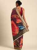 Burgundy Cotton Digital Print Saree With Blouse Piece