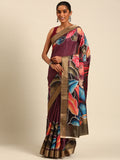 Burgundy Cotton Digital Print Saree With Blouse Piece