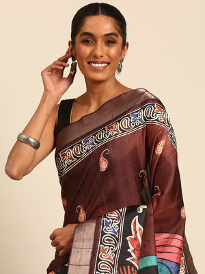 Brown Cotton Digital Print Saree With Blouse Piece