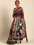 Brown Cotton Digital Print Saree With Blouse Piece