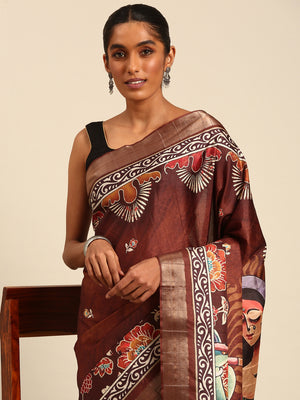 Brown Cotton Digital Print Saree With Blouse Piece