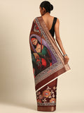 Brown Cotton Digital Print Saree With Blouse Piece