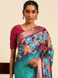 Blue Cotton Digital Print Saree With Blouse Piece