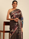 Dark Brown Cotton Digital Print Saree With Blouse Piece