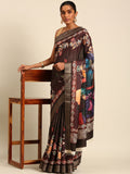 Dark Brown Cotton Digital Print Saree With Blouse Piece