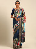 Blue Cotton Digital Print Saree With Blouse Piece