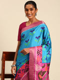 Blue Cotton Digital Print Saree With Blouse Piece