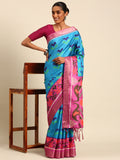 Blue Cotton Digital Print Saree With Blouse Piece