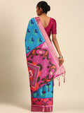 Blue Cotton Digital Print Saree With Blouse Piece