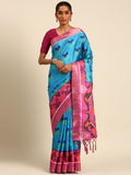 Blue Cotton Digital Print Saree With Blouse Piece