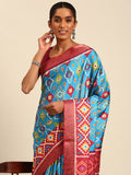 Sky Blue Cotton Digital Print Saree With Blouse Piece