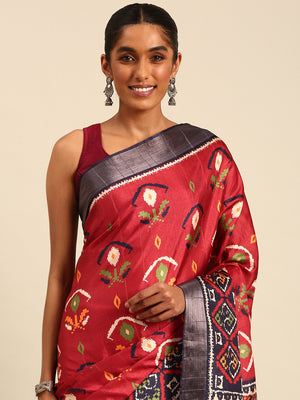 Red Cotton Digital Print Saree With Blouse Piece