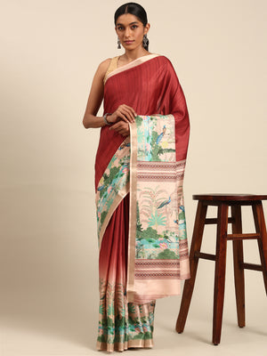 Maroon Cotton Saree With Blouse Piece