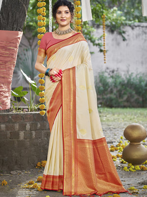 Cream Silk Saree With Blouse Piece