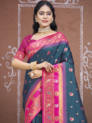 Teal Silk Saree With Blouse Piece