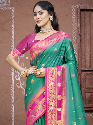 Teal Silk Saree With Blouse Piece