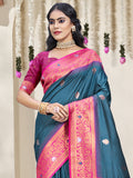 Teal Silk Saree With Blouse Piece