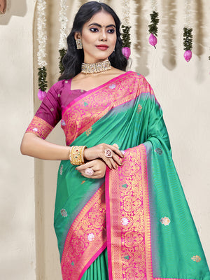 Teal Silk Saree With Blouse Piece