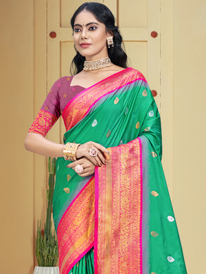 Teal Silk Saree With Blouse Piece