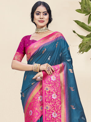 Blue Silk Saree With Blouse Piece