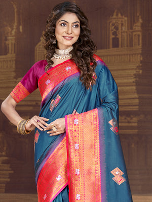 Blue Silk Saree With Blouse Piece