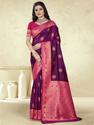 Wine Silk Saree With Blouse Piece