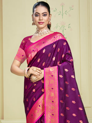 Wine Silk Saree With Blouse Piece