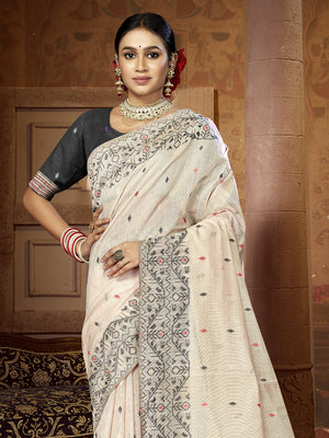 Cream Cotton Blend Saree With Blouse Piece