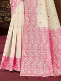 Cream Cotton Blend Saree With Blouse Piece