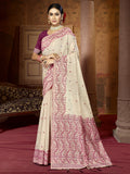 Cream Cotton Blend Saree With Blouse Piece