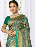 Teal Blue Satin Saree With Blouse Piece